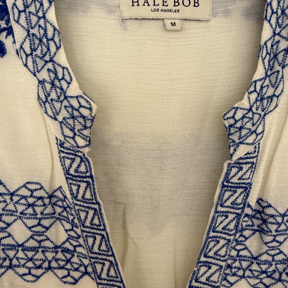 Hale Bob White Dress W/ Blue Embroidery - Size M - Picture 2 of 10
